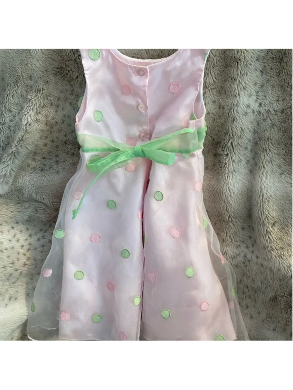 Wonderkids Pink Polka Dot Organza Party Dress Green Bow Size 3T EUC